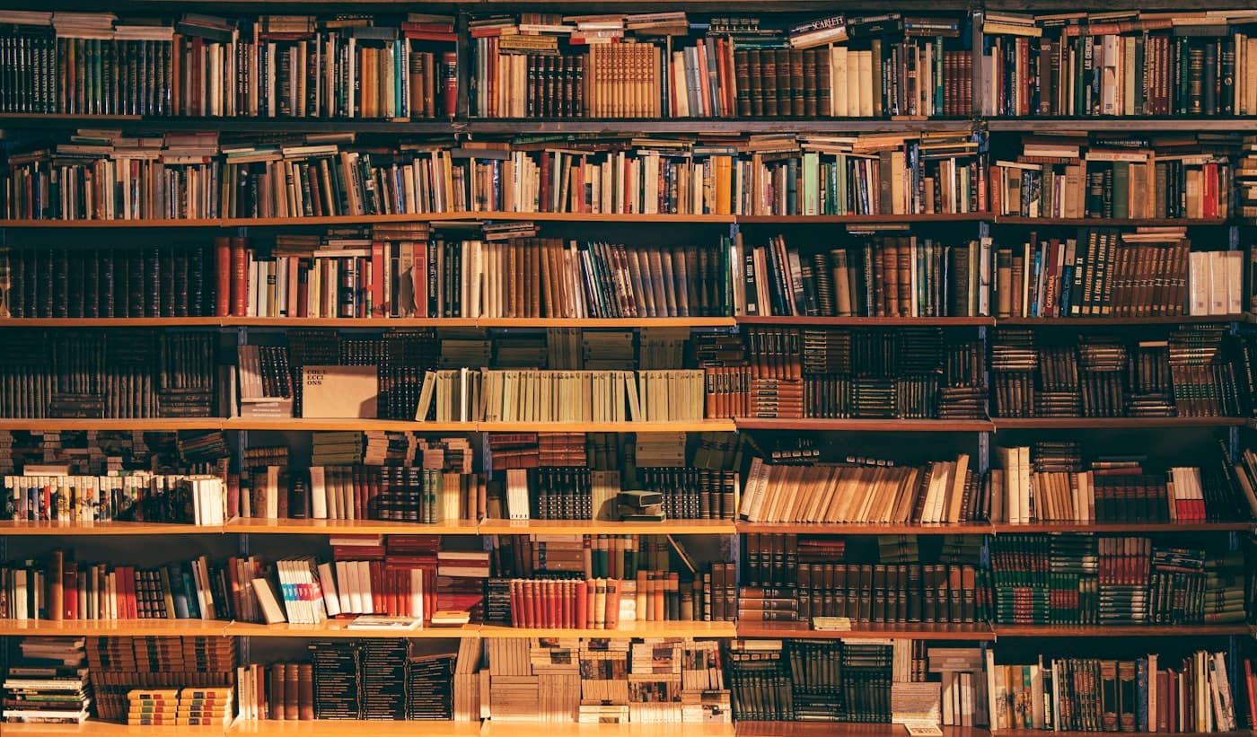 Dicht besetzte Bücherregale in einer ruhigen Bibliothek: Wissens- und Orientierungskontext